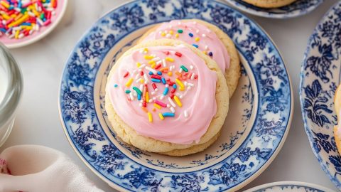 Sweet homemade soft frosted sugar cookies with pink buttercream frosting and candy sprinkles.