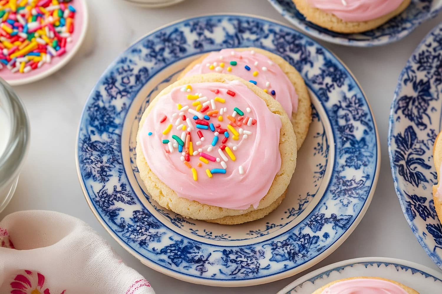 Sweet homemade soft frosted sugar cookies with pink buttercream frosting and candy sprinkles.