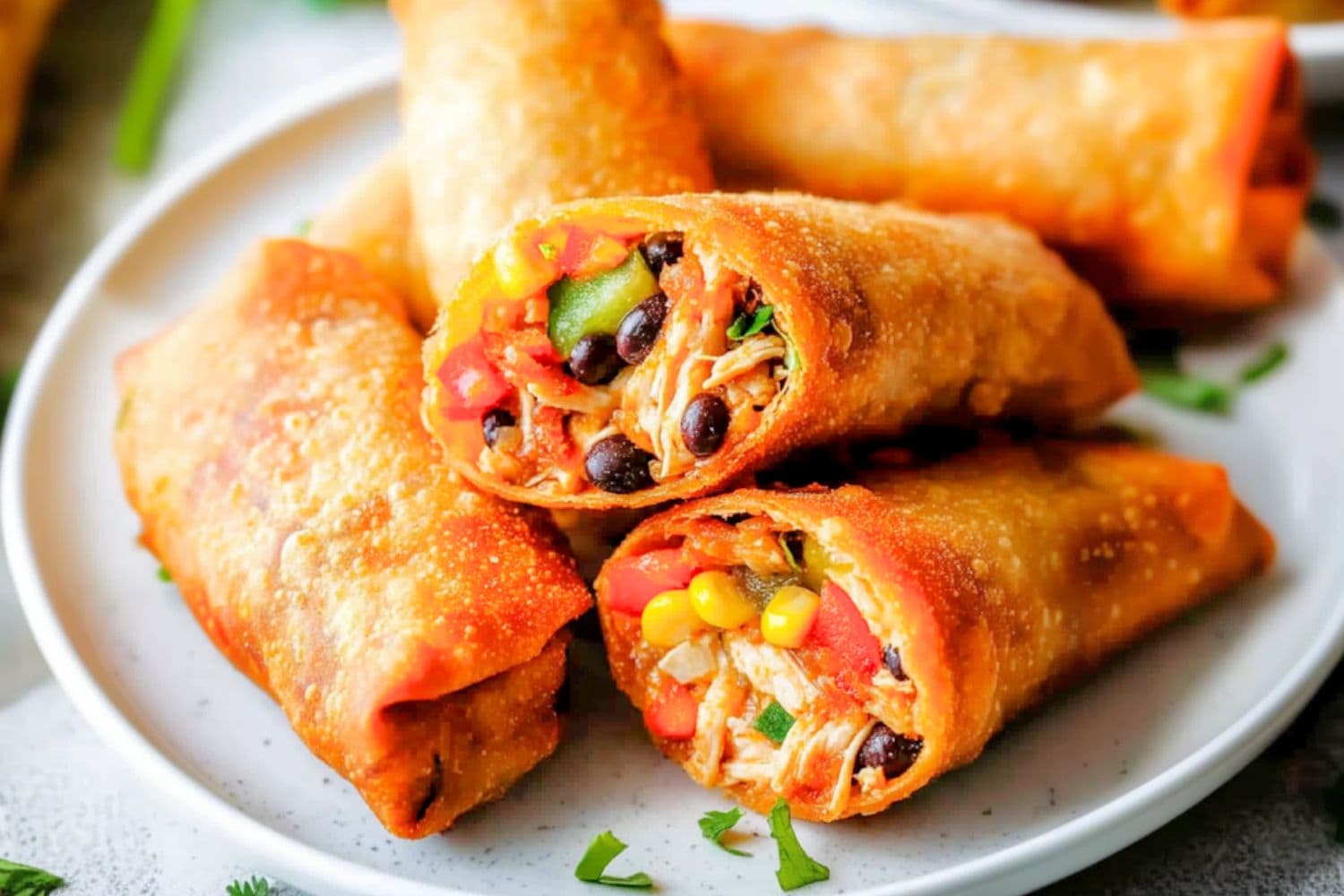 Southwestern egg rolls in a white plate.