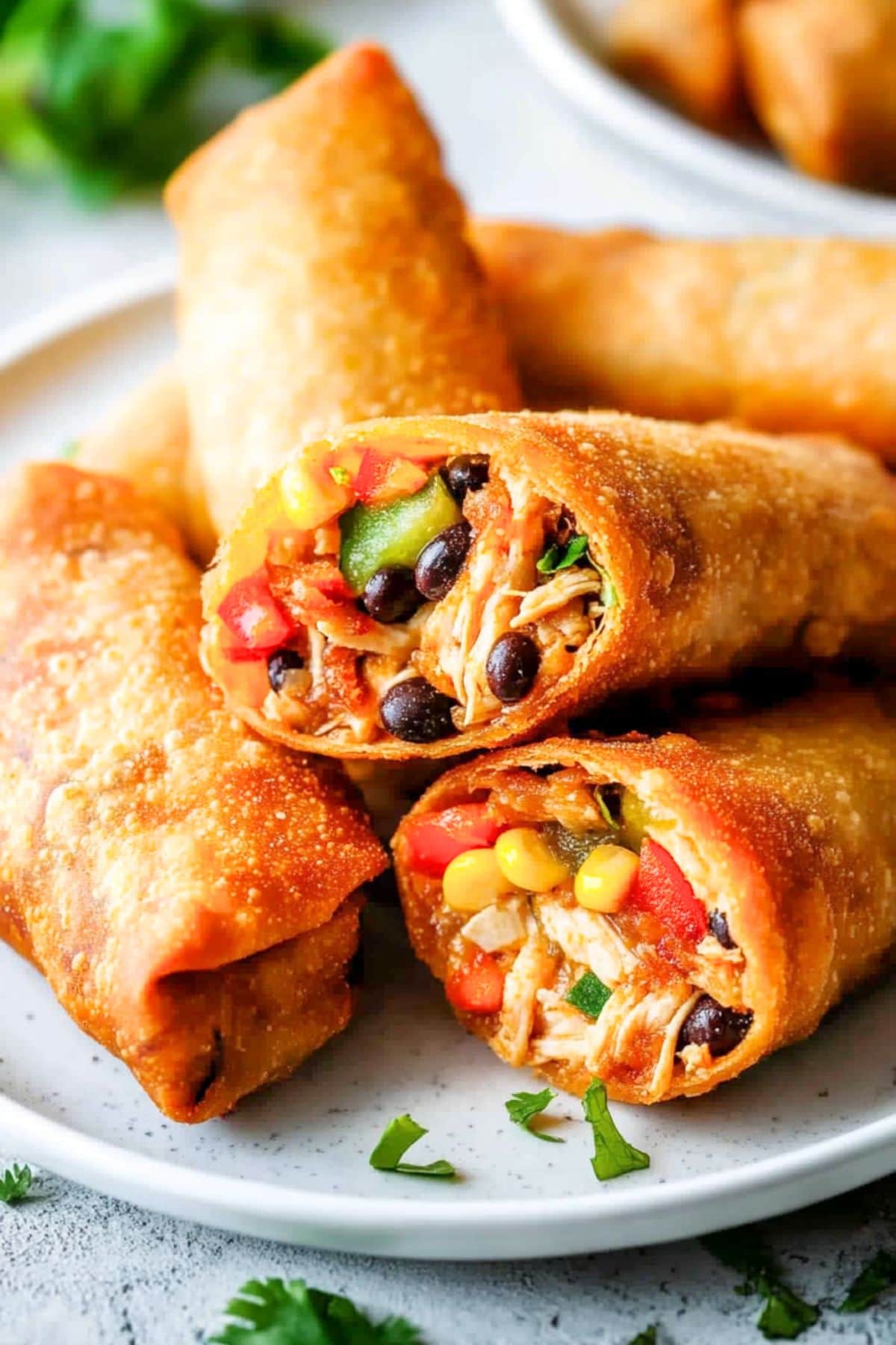 Sliced southwestern egg rolls arranged in a white plate.