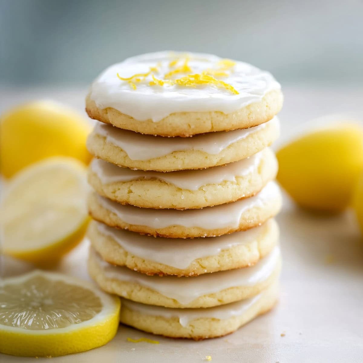 Lemon sugar cookies with lemon glazed stacked on a white marble table.