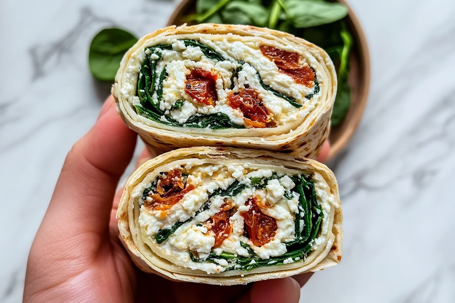 Two Copycat Starbucks spinach feta wrap with sun-dried tomatoes and cheese.