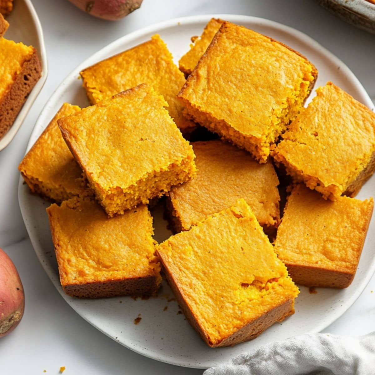 Square slices of sweet potato cornbread on a plate, top view