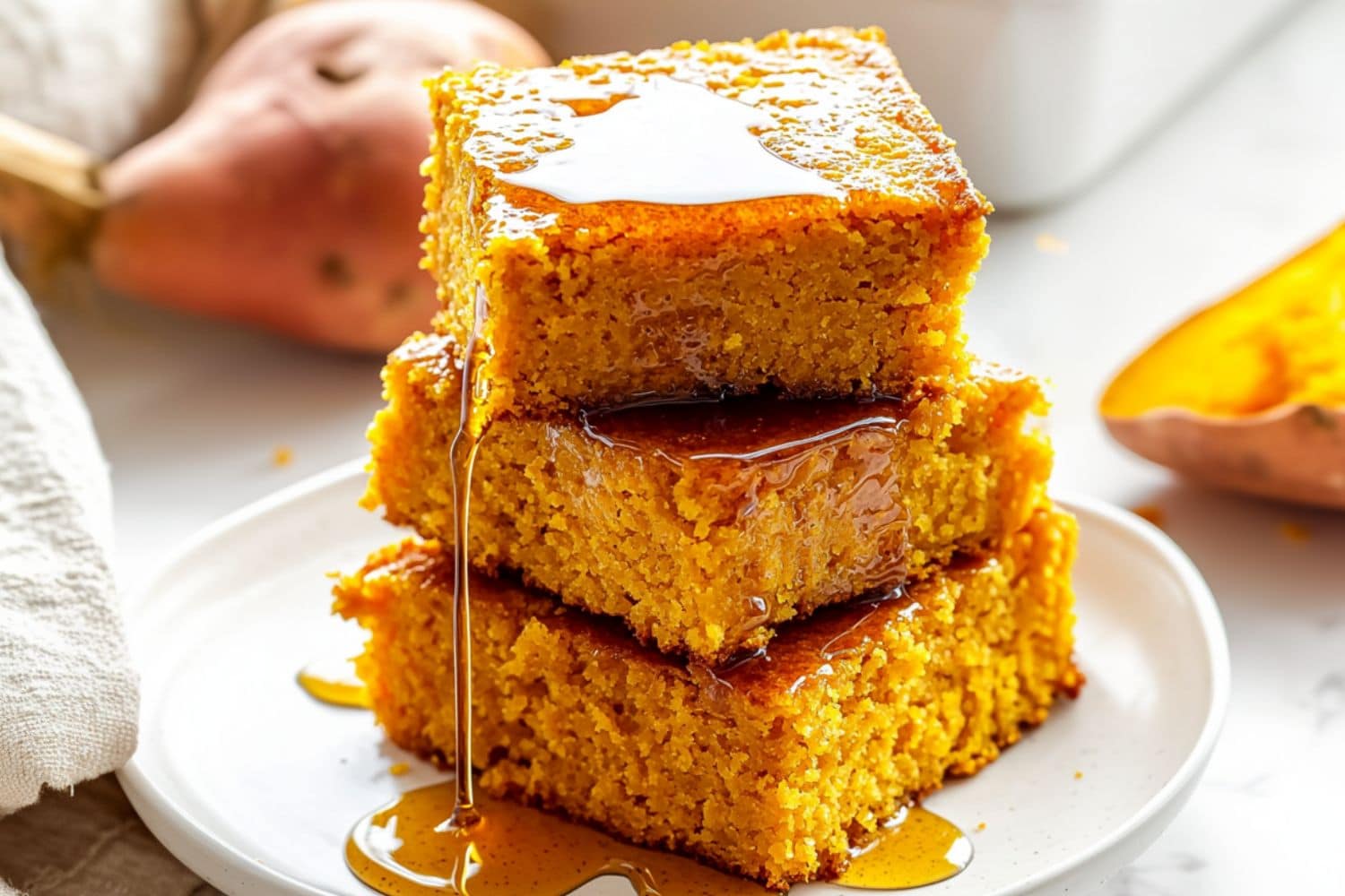 Stacked square slices of sweet potato cornbread dripping with maple syrup on top served on a white plate.