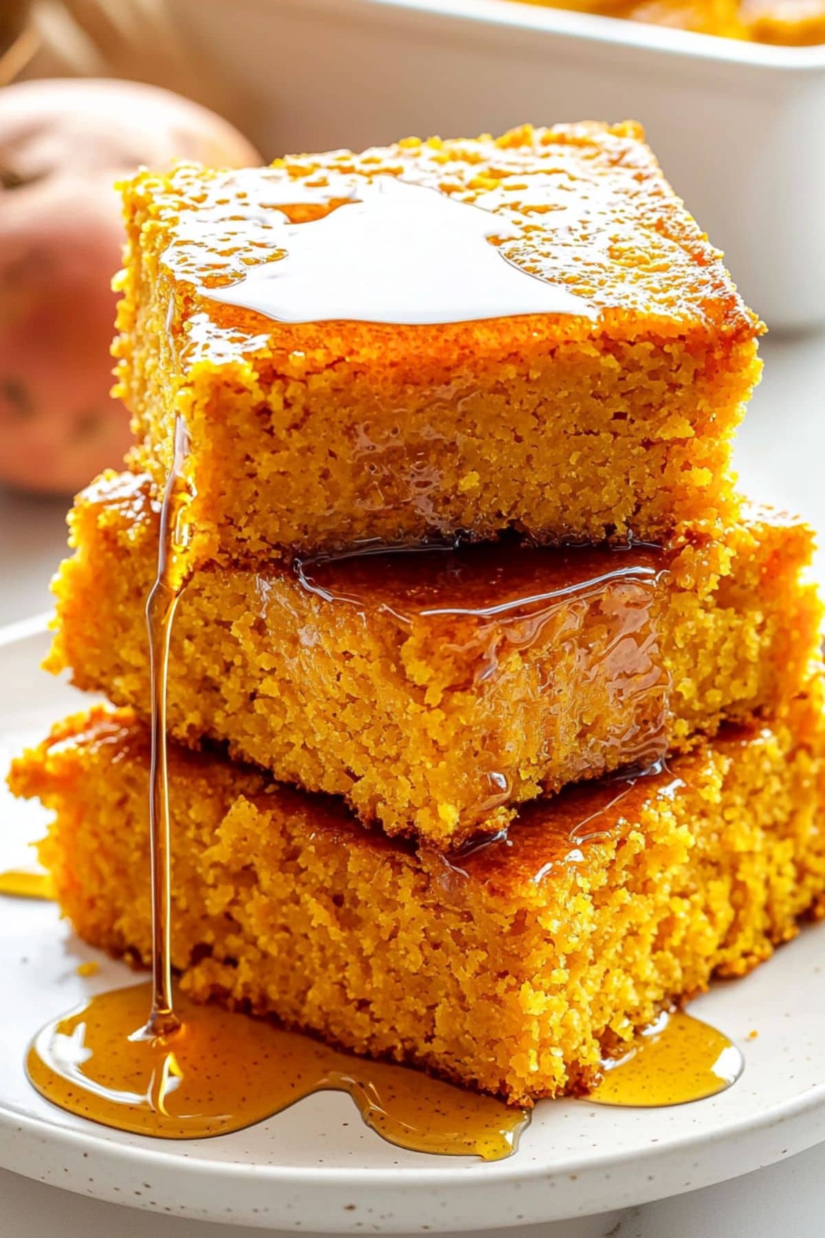 Square slices of sweet potato cornbread stacked on a small plate, drizzled with honey