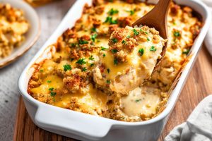 Wooden spoon ladle lifting a serving of chicken casserole with melted cheese and stuffing mix.