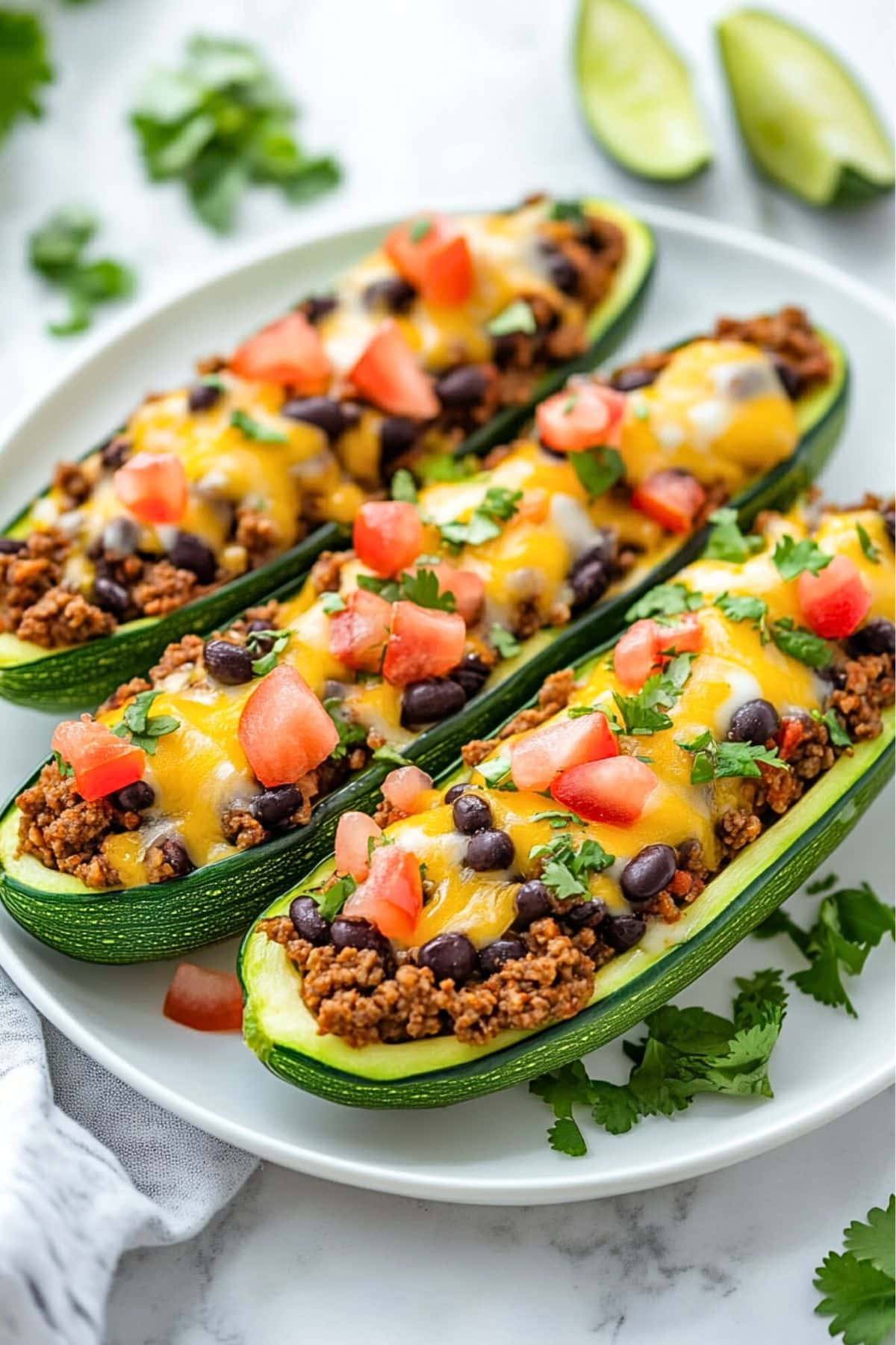 Zucchini with taco filling topped with melted cheese served on a white plate.