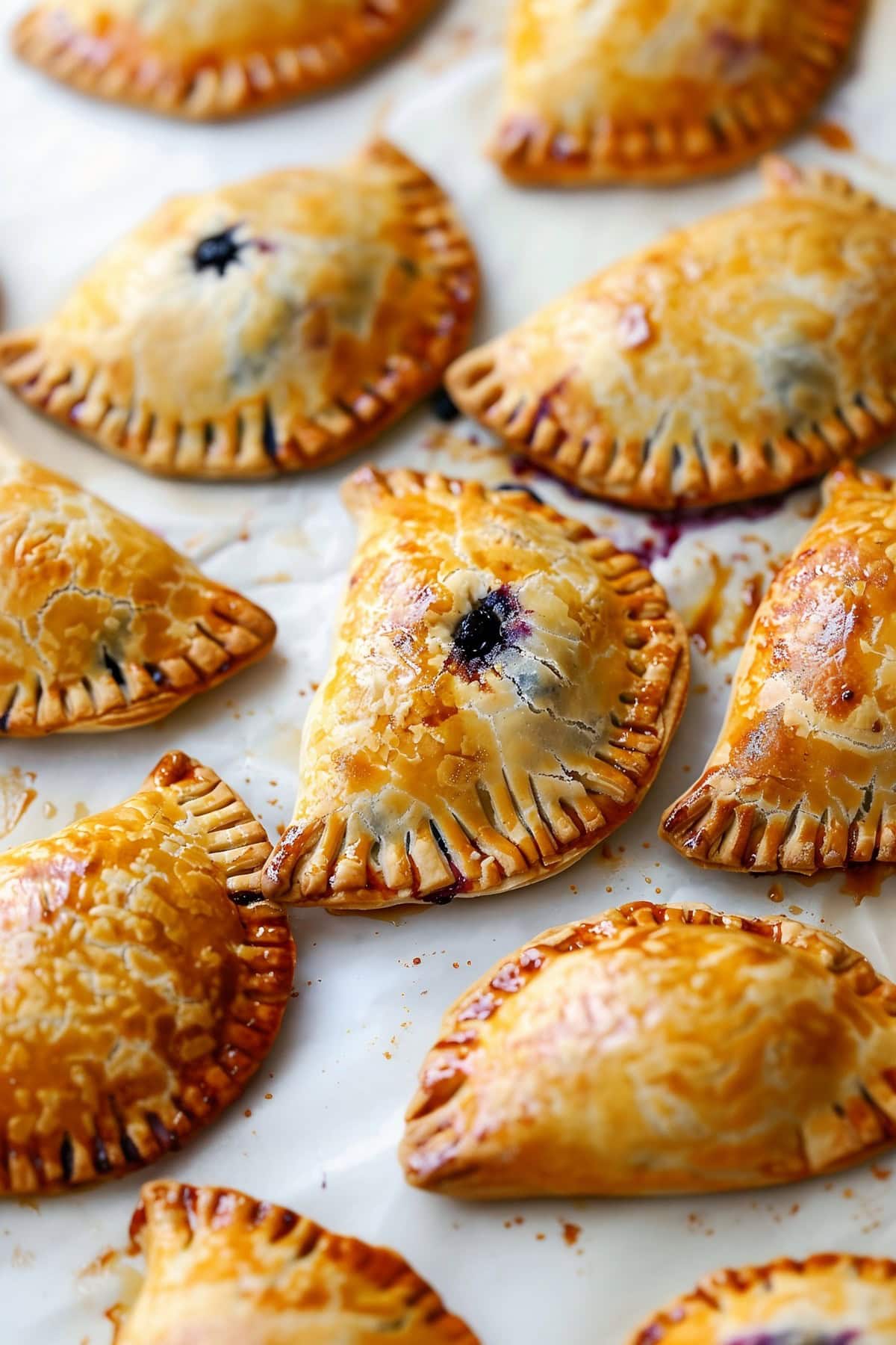 Homemade blueberry hand pies, fresh out of the oven, with golden flaky pastry, on parchment paper