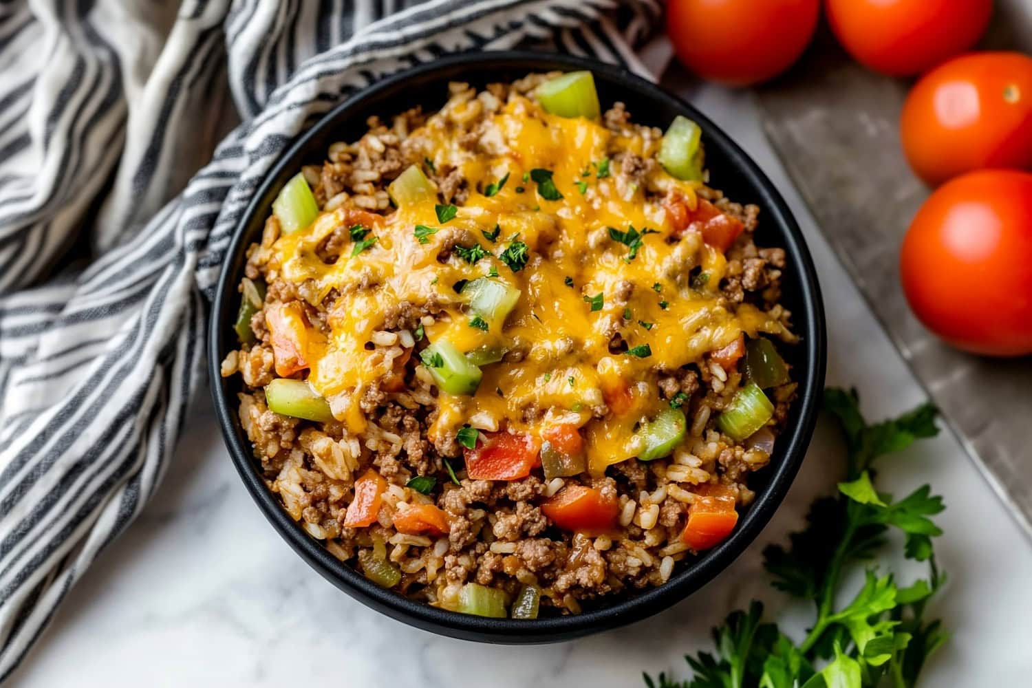 Texas hash served hot, with tender beef, fluffy rice, and fresh vegetables.