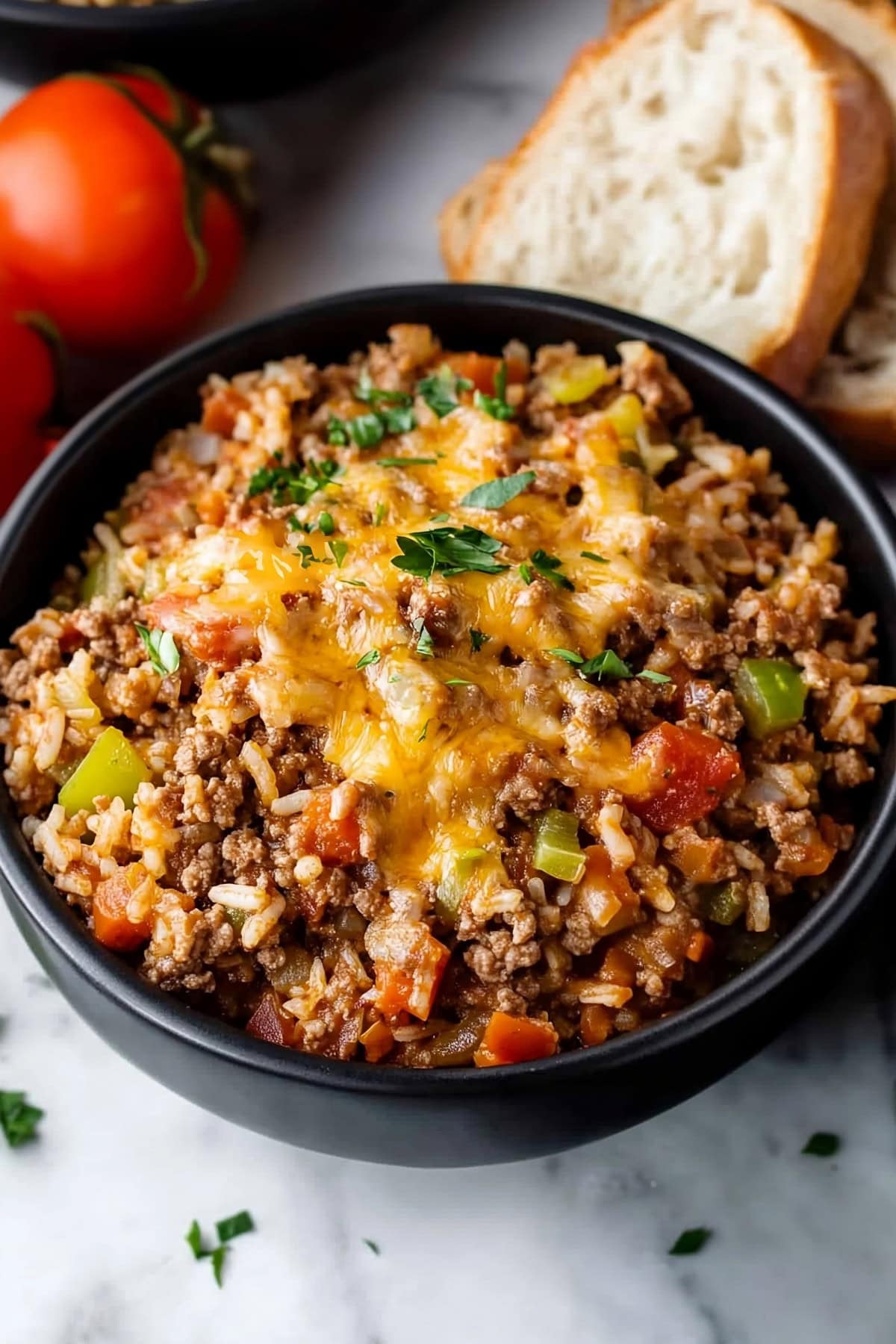 Comforting Texas hash made with beef, rice, and a medley of vegetables, served with bread.