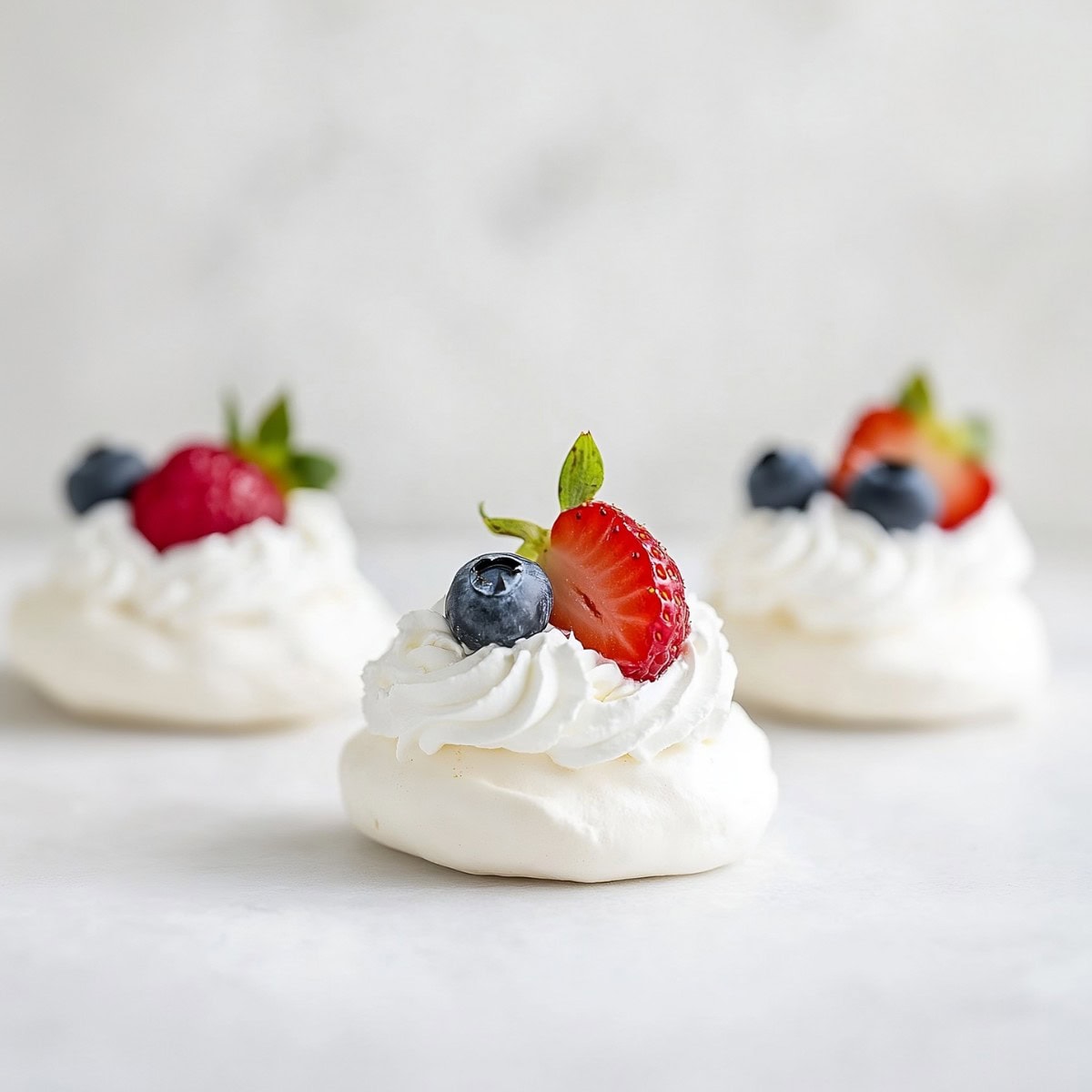 Three sweet mini pavlovas with blueberries and strawberries.