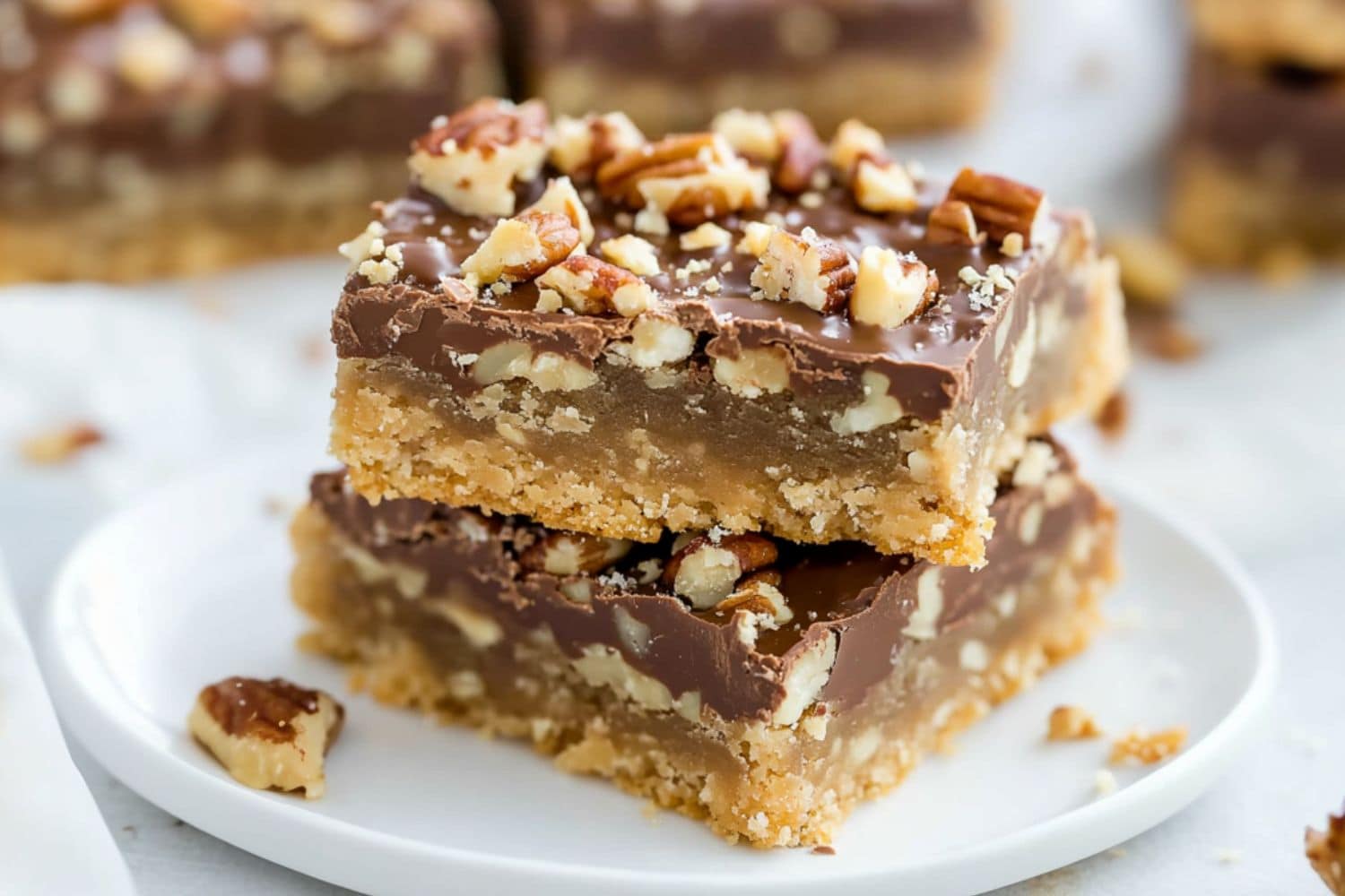 Toffee bars square slices topped with chopped pecans served on a white plate.