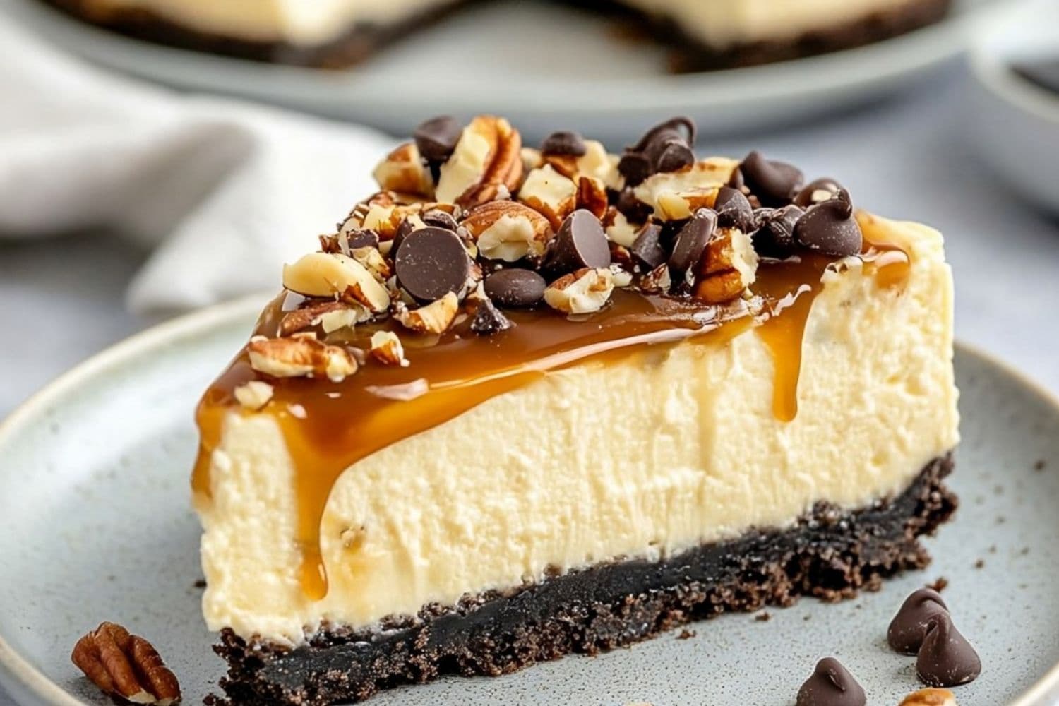 A slice of turtle cheesecake with chocolate chips, chopped pecans and caramel syrup on top.