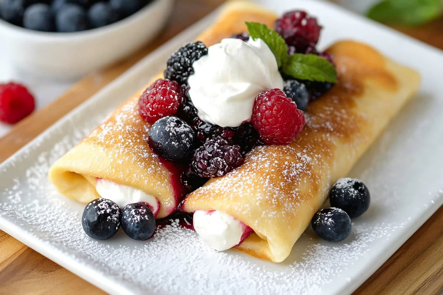 A close-up of a cheese blintz with a rich, creamy filling and a crispy exterior.