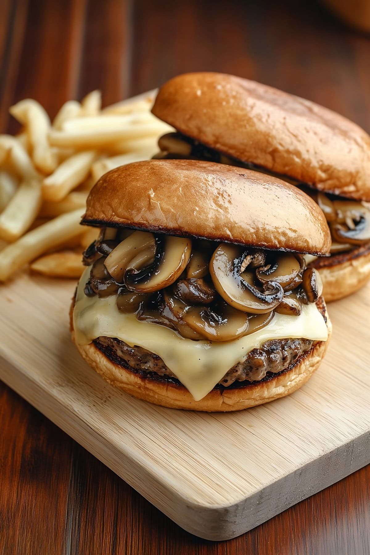 Mushroom Swiss Burger with Cheese, Served with Fries.