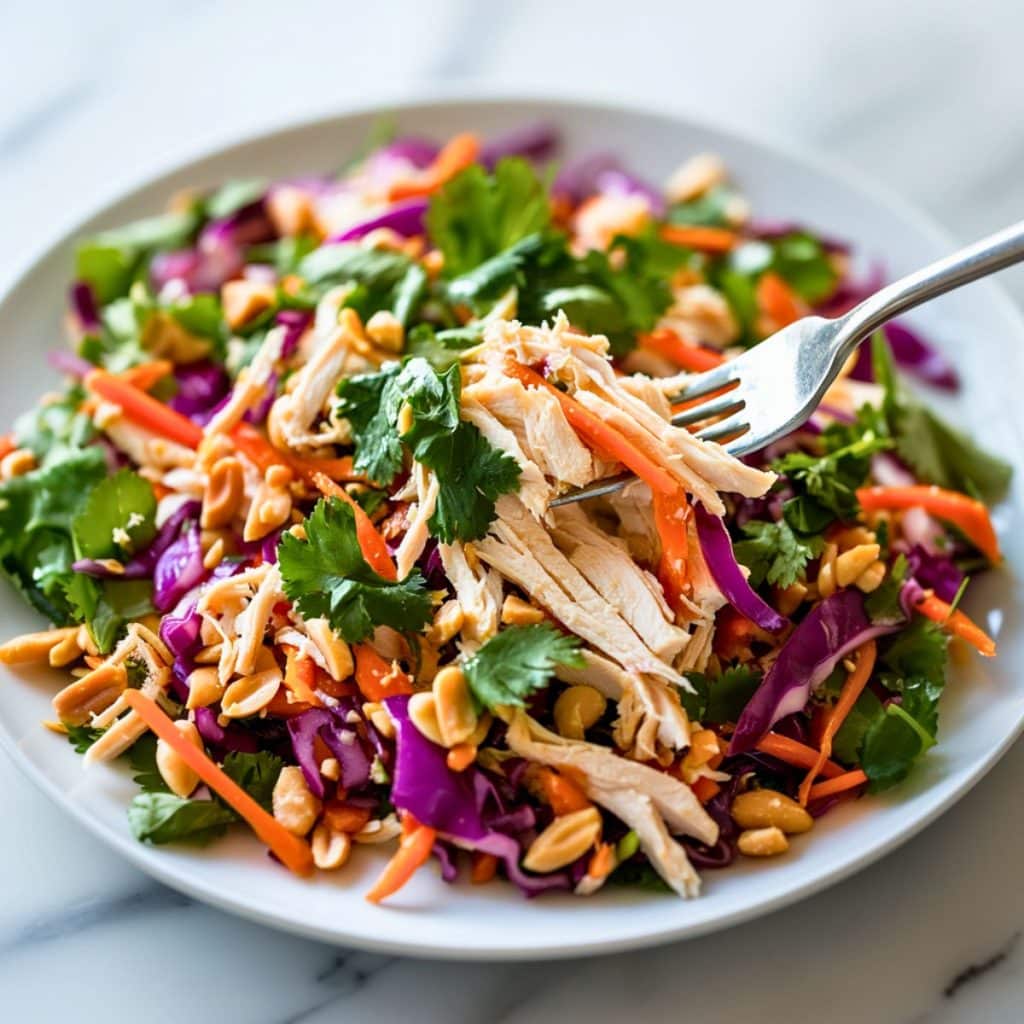 Vietnamese chicken salad served in a white plate.