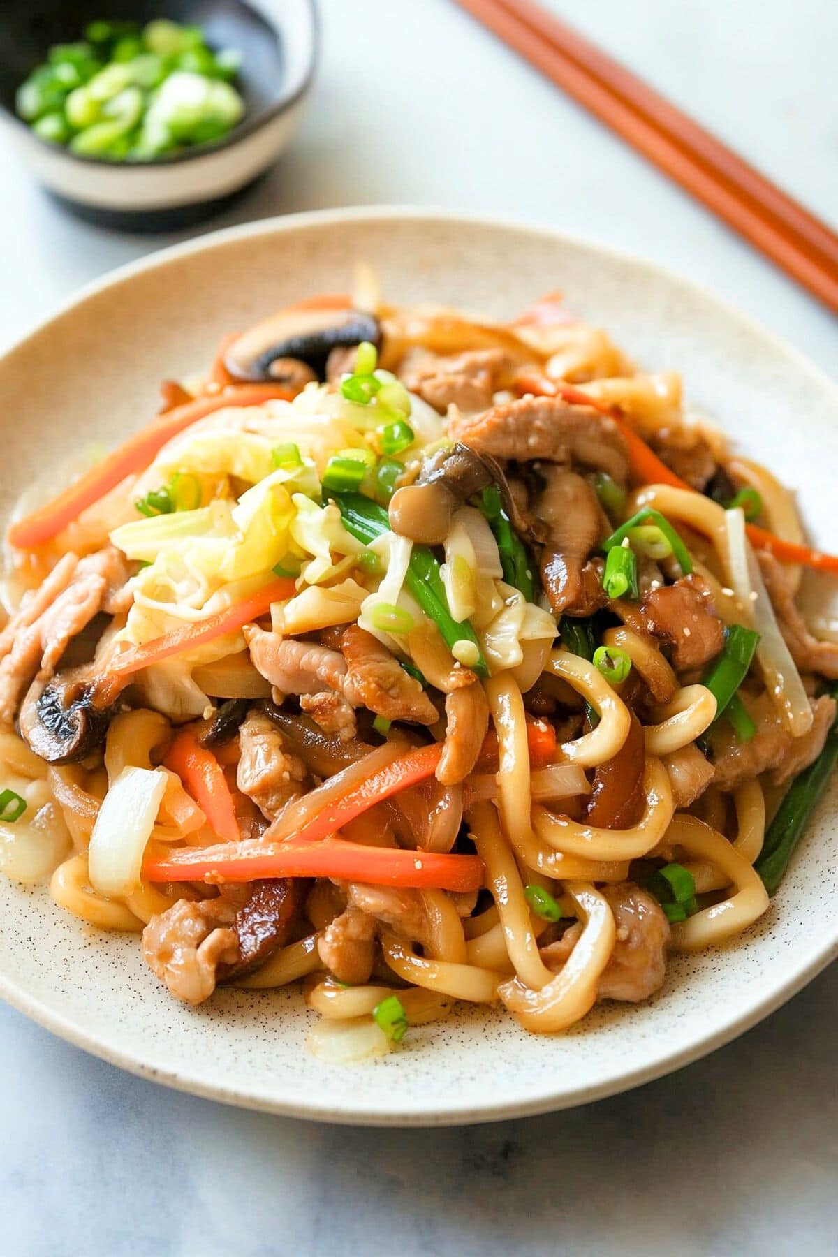 Stir fired yaki udon noodles with pork, veggies and sauce served in a plate.