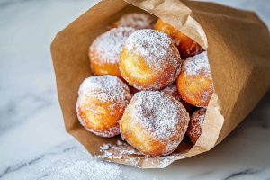 Zeppole Italian donuts inside a brown paper bag.