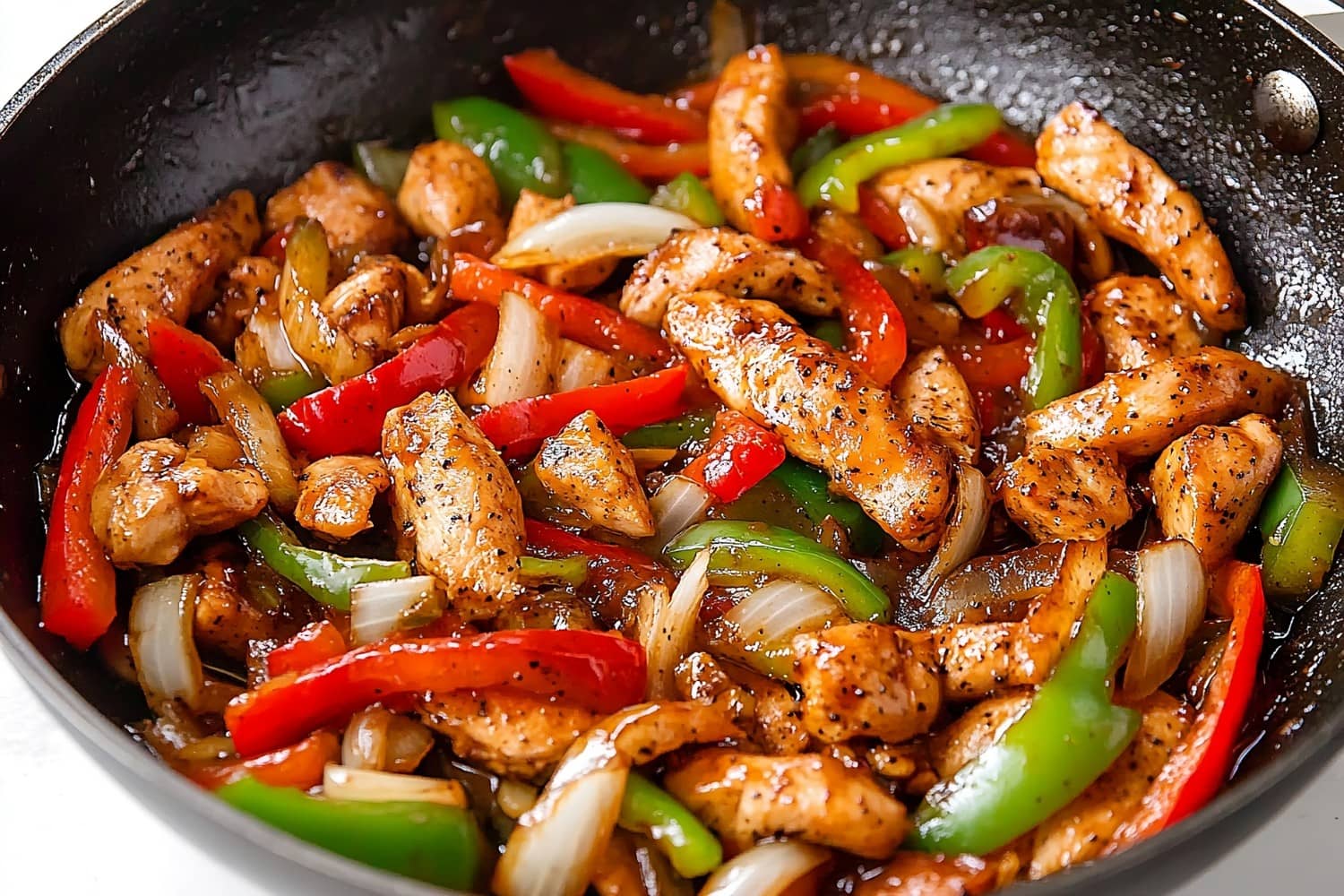 Black pepper chicken in a skillet pan.