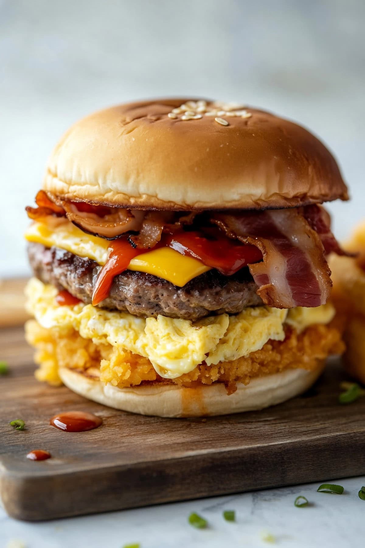 Burger on a wooden board with crispy bacon, cheddar cheese, and a golden hash brown.