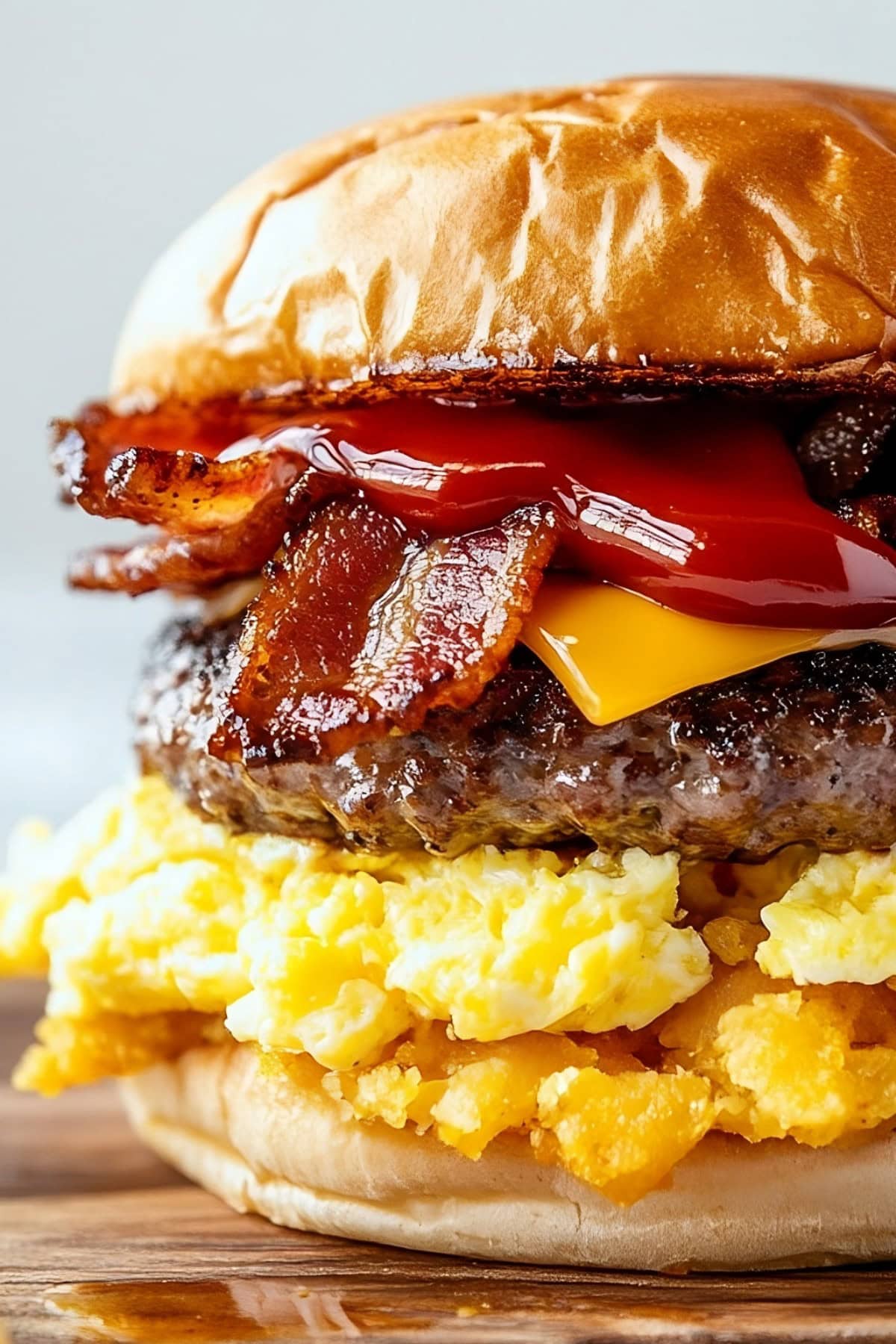 Fully loaded Breakfast Burger made with crispy bacon, gooey cheese, scrambled eggs and a golden hash brown, nestled between brioche buns.