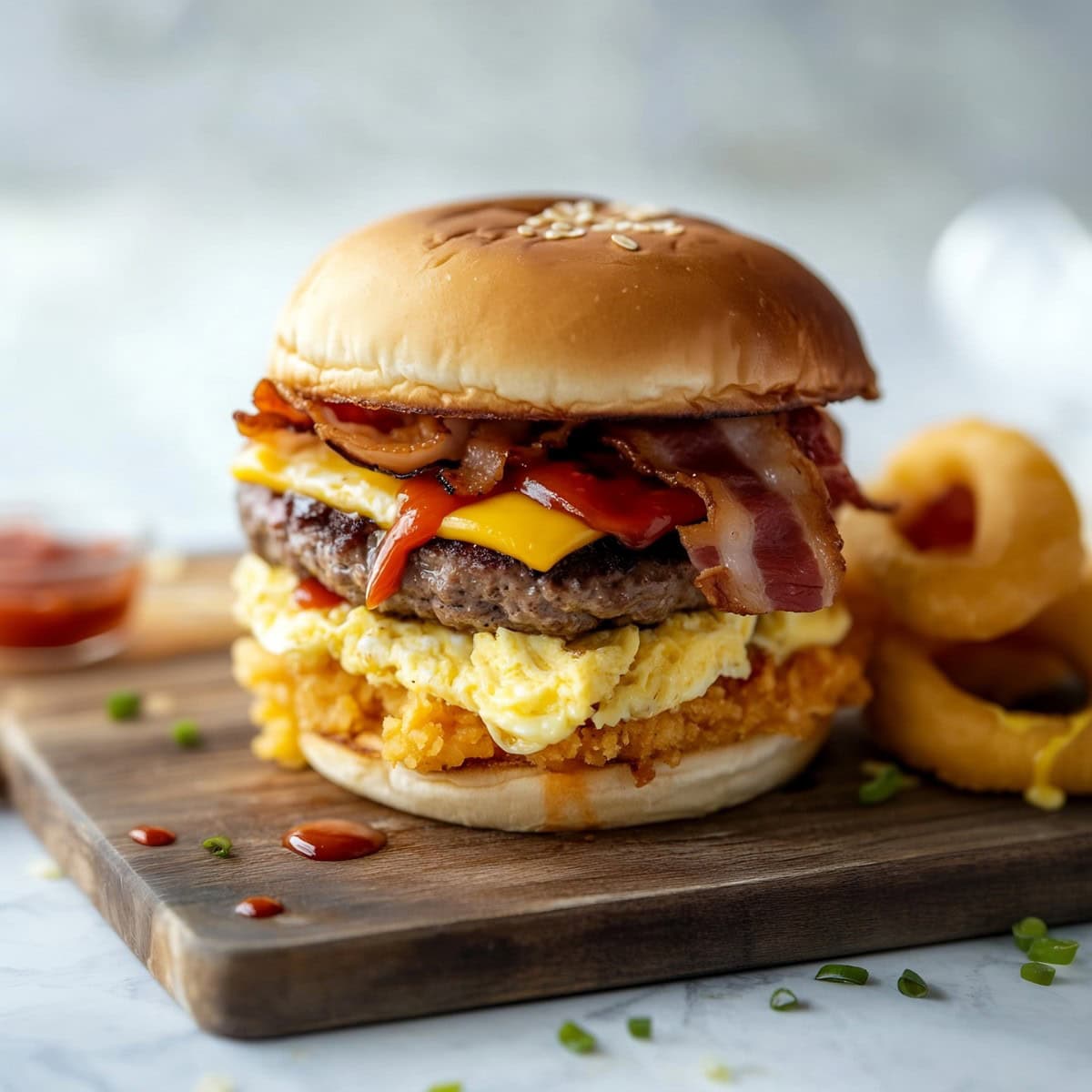 Breakfast burger with crispy bacon, gooey cheese, and a golden hash brown served with ketchup and scramble eggs.