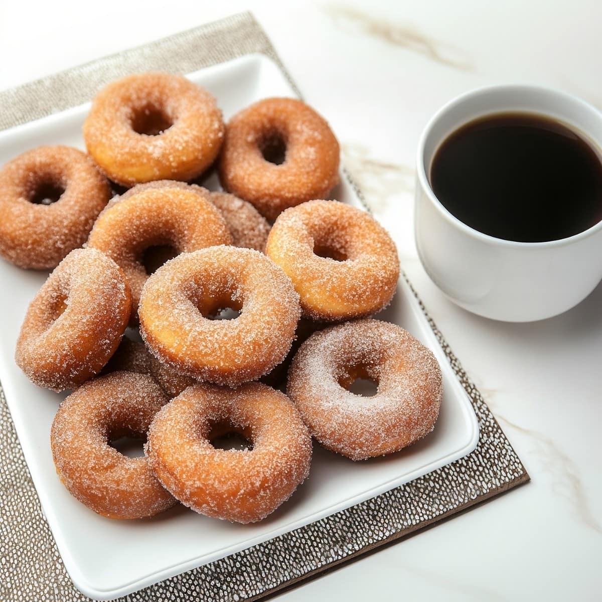 A plate of canned biscuit donuts coated in cinnamon sugar, served with a black coffee