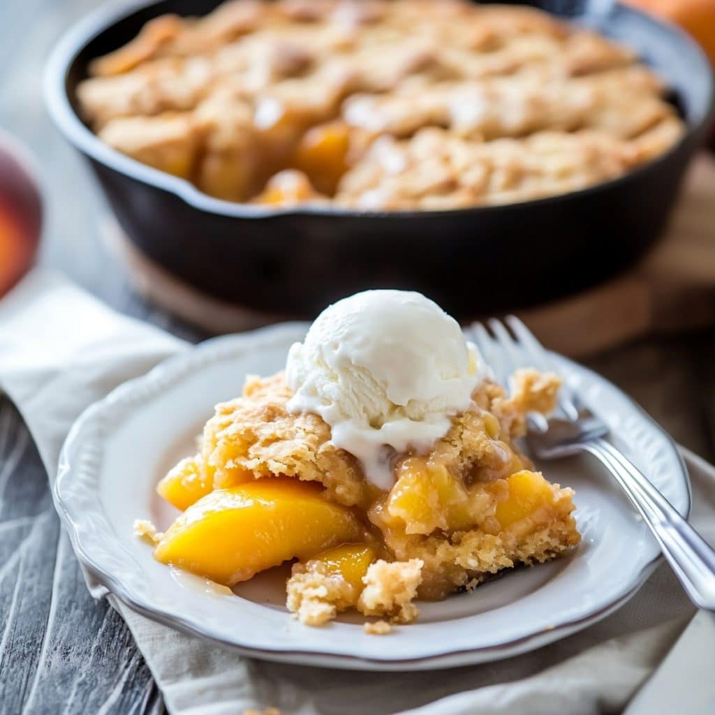 Peach cobbler with vanilla ice cream served on a white plate with a fork