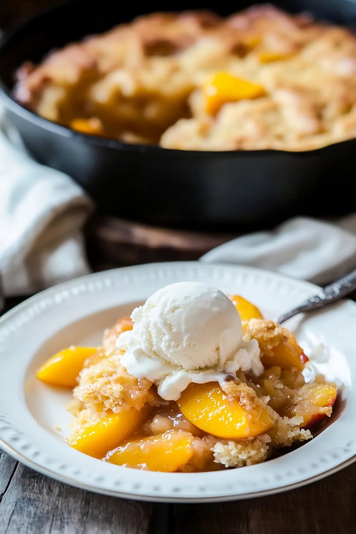 Peach cobbler serving in a white bowl, with a cast iron skillet in the background.