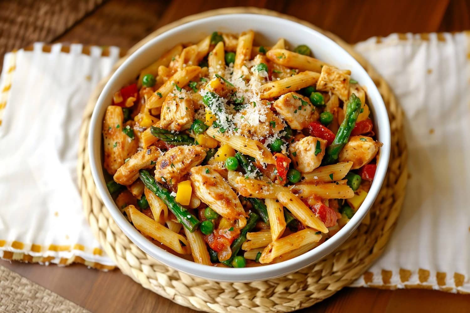 Chipotle chicken pasta with veggies and parmesan cheese coated in Chipotle sauce.