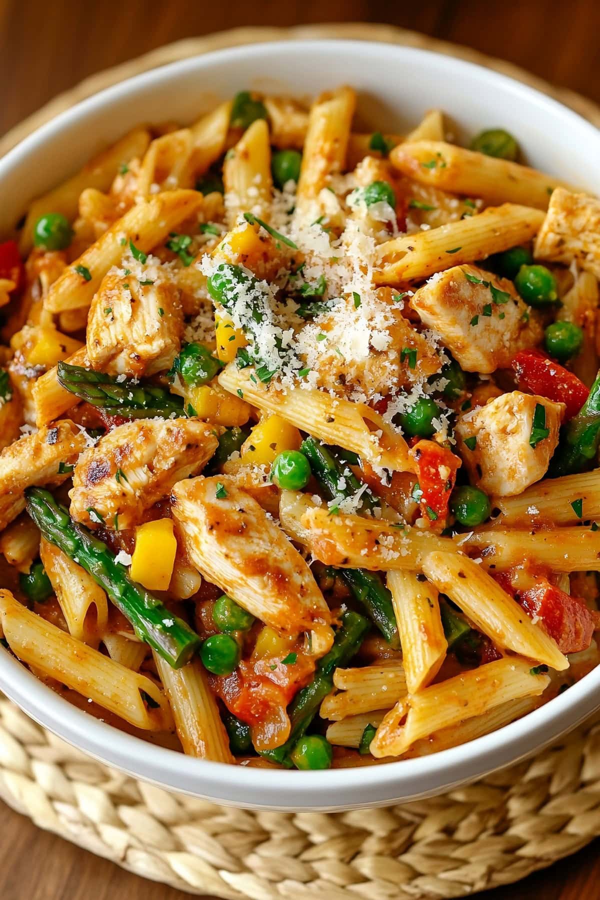 Penne pasta with chicken, veggies and chipotle sauce served in a white bowl.