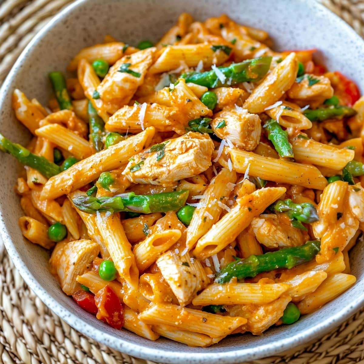 Chipotle chicken pasta in a white bowl garnished with parmesan cheese.