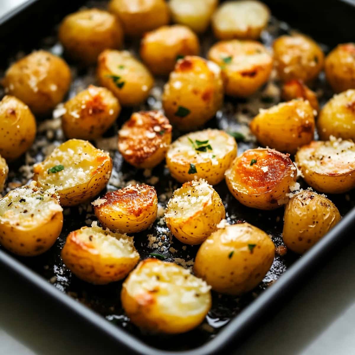 Crispy garlic butter potatoes in a sheet pan.