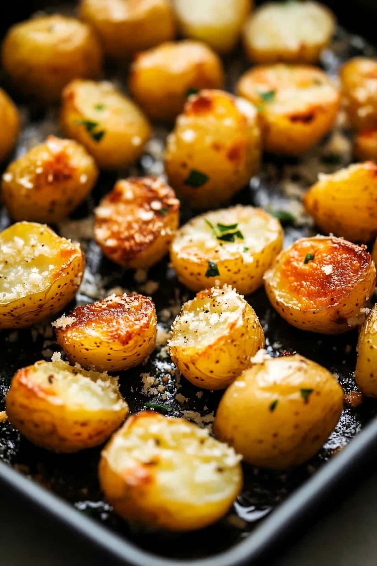 Sheet pan with garlic butter potatoes sprinkled with parmesan cheese.