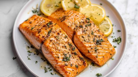 Salmon with garlic butter sauce garnished with lemon slices served on a plate.
