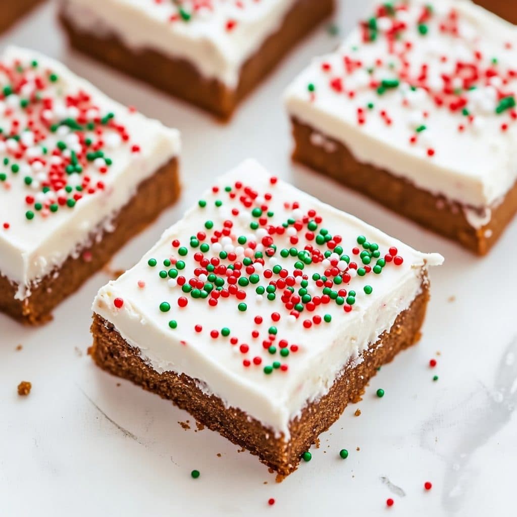 Gingerbread bars with cream cheese and candy sprinkles on top.