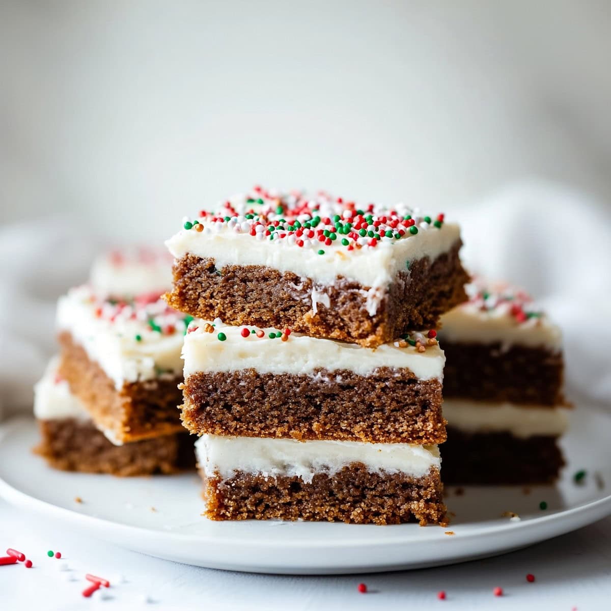 Square slices of gingerbread bars stacked on a white plate.