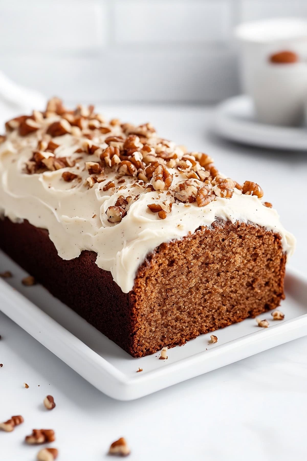 Ginger loaf bread with cream cheese frosting topped with chopped walnuts on a white plate.