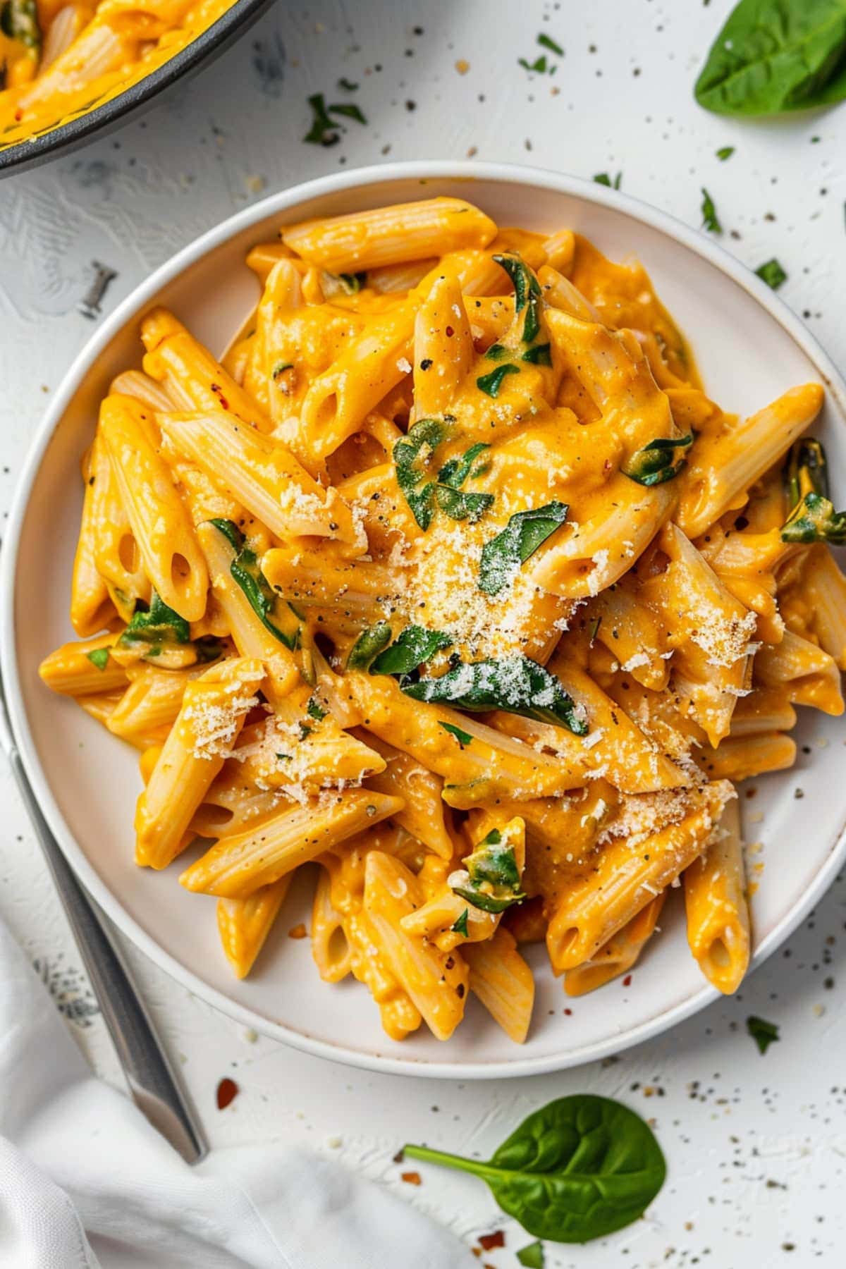 Serving of creamy pumpkin pasta in a white plate with spinach, top view.