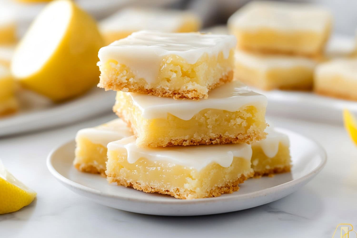 Sliced lemon brownies in a white plate.