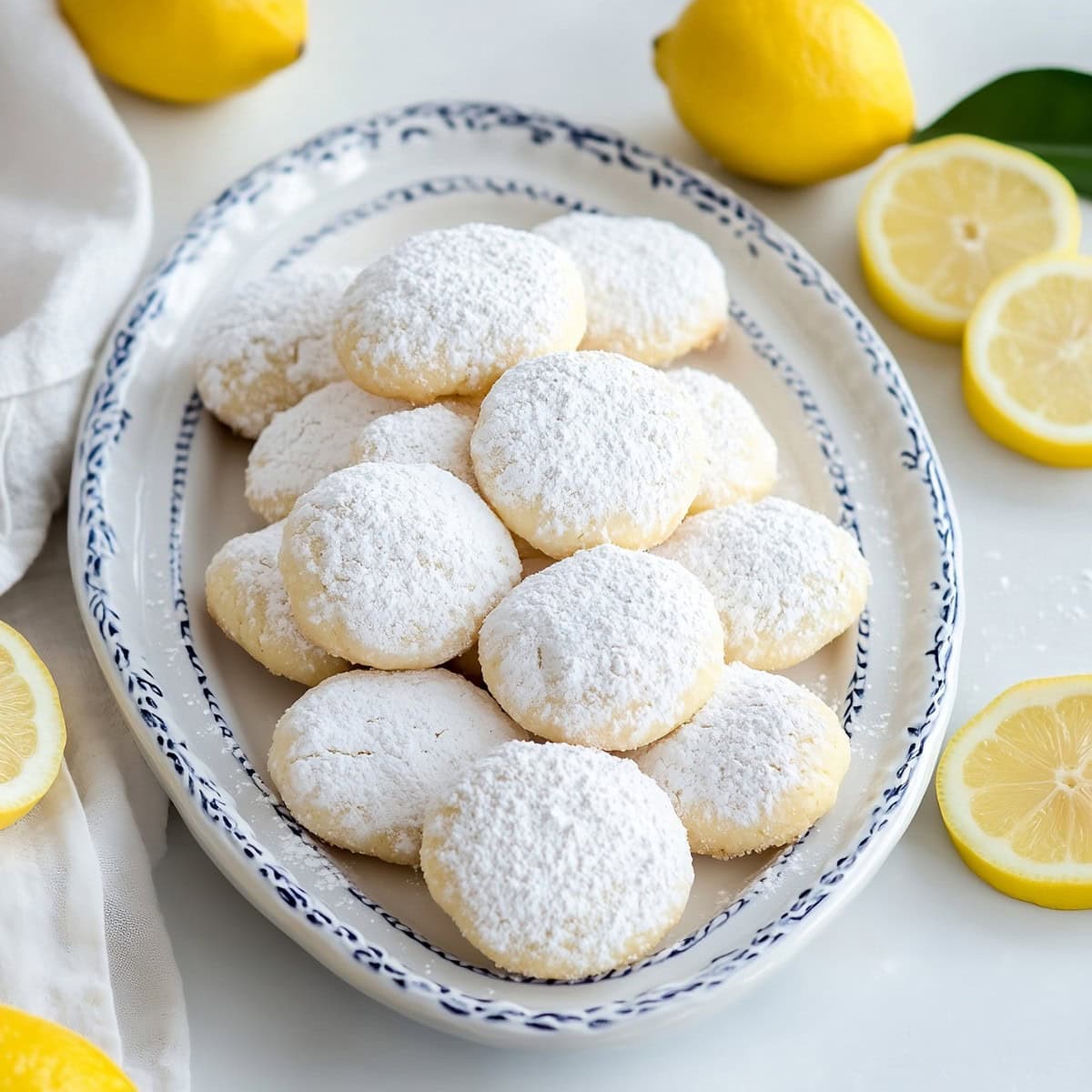 Plate full of lemon cooler cookies, top view