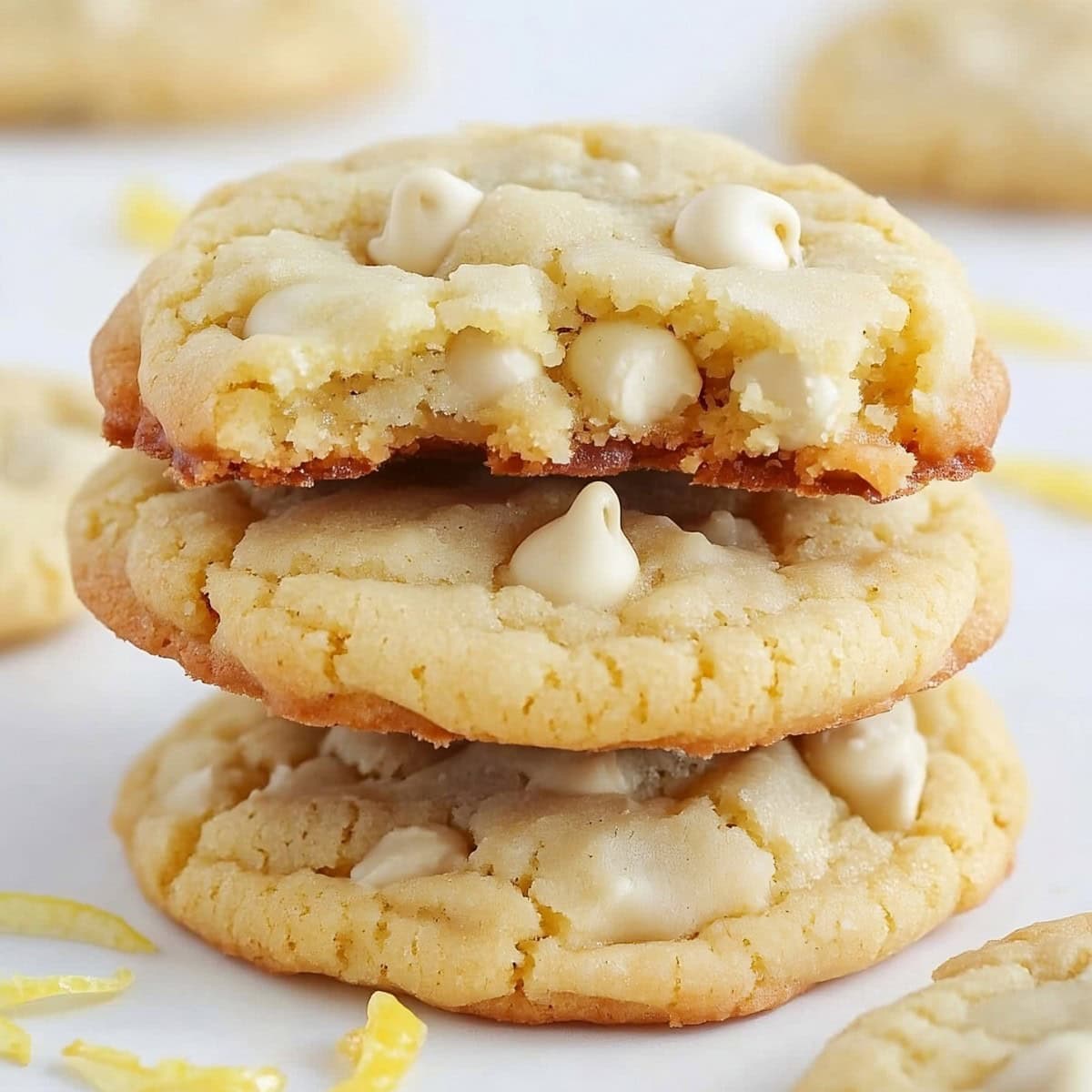 Lemon White Chocolate Chip Cookies stacked, side view