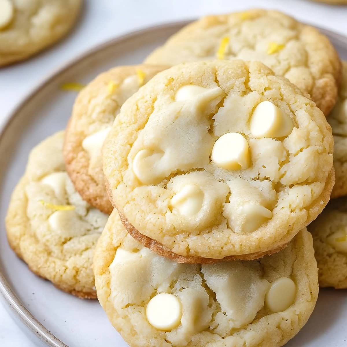 Lemon White Chocolate Chip Cookies on a plate, top view