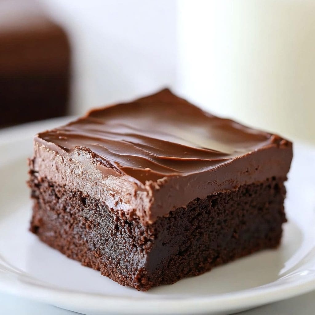 Slice of fudgy brownie with chocolate frosting served on a white plate.