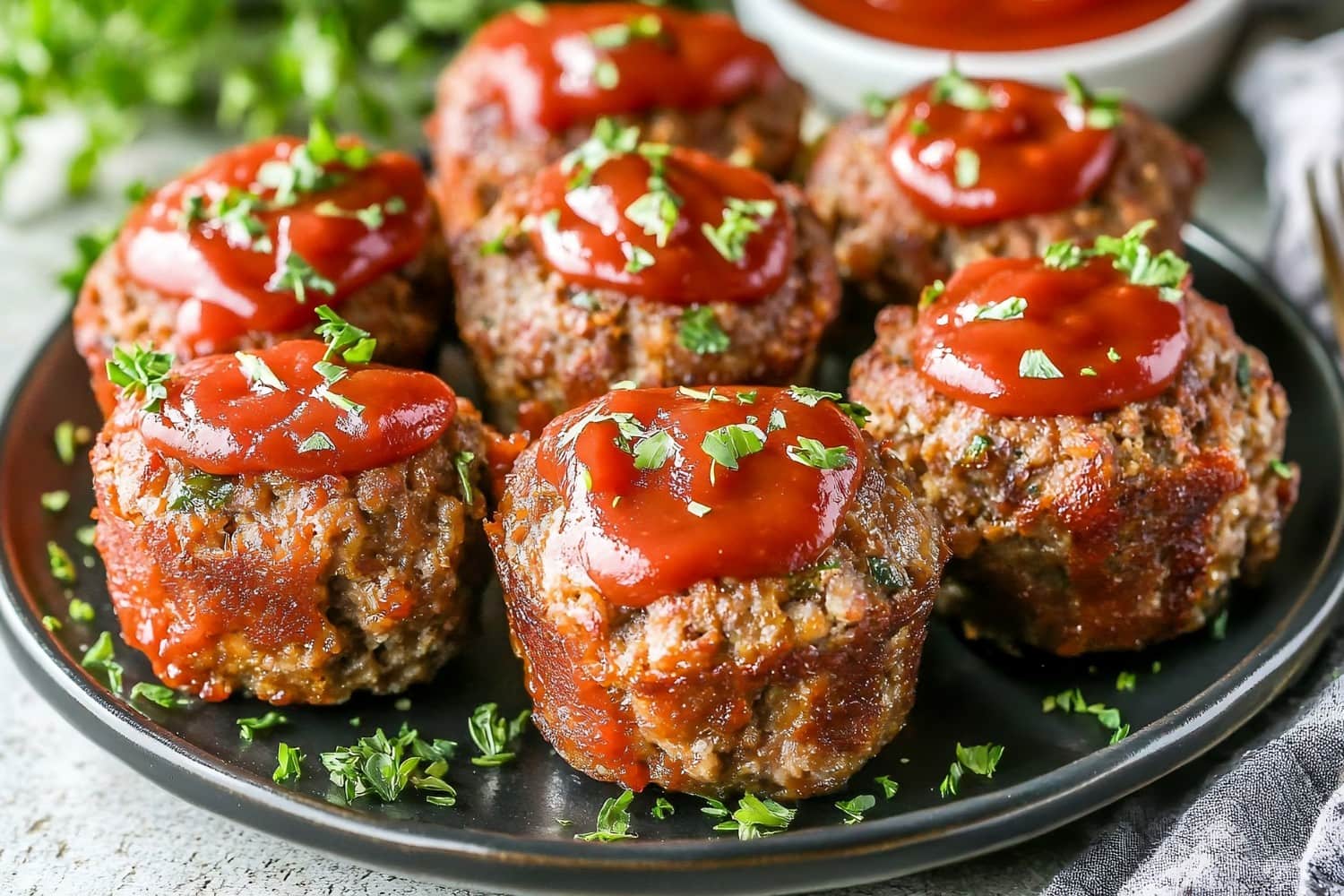 Mini meatloaf muffins on plate.