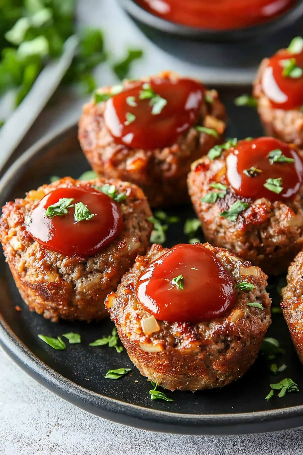 Meatloaf muffins garnished with glaze ketchup.