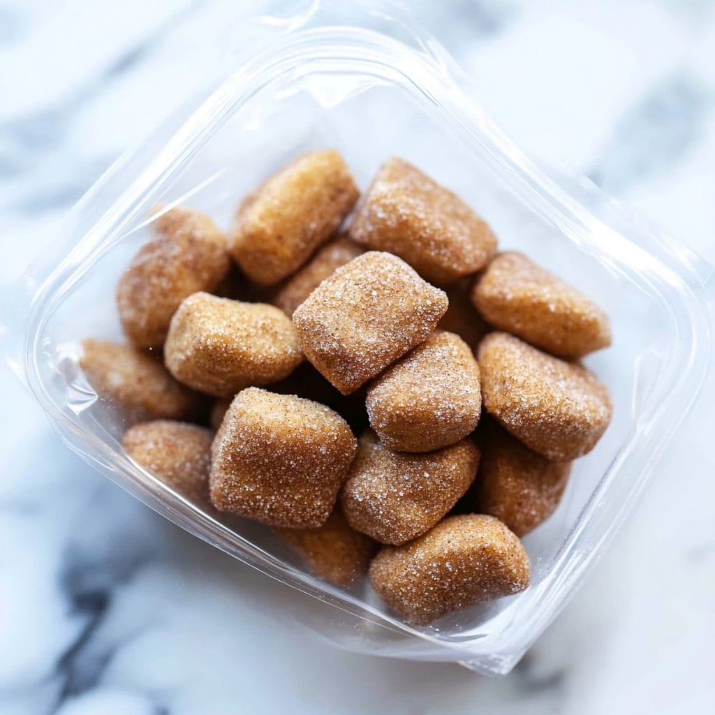 Biscuit pieces tossed in cinnamon sugar, inside a resealable plastic bag, top view