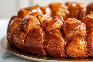 Monkey bread with biscuits in a plate drizzled with syrup.