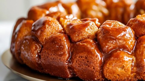 Monkey bread with biscuits in a plate drizzled with syrup.
