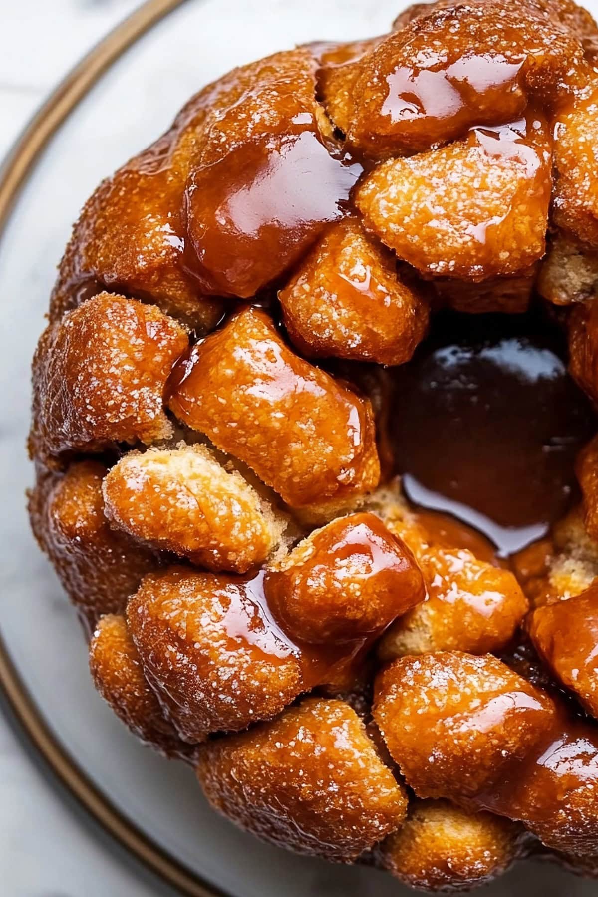 Monkey bread with biscuits and brown sugar glaze, top view. 